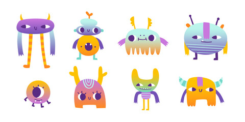 Set of weird colorful monsters. Vector collection of strange gradient beasts for kids. Bright doodle monsters bundle. © Sonium_art