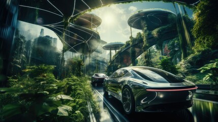 Cars driving through a futuristic city with a lot of vegetation