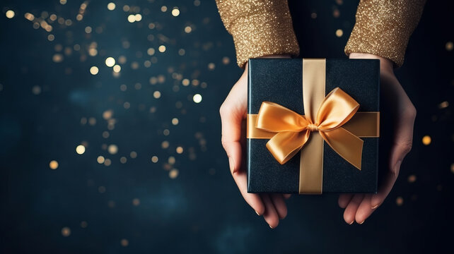 Woman hands holding elegant present gift box with golden ribbon on navy blue background with gold bokeh