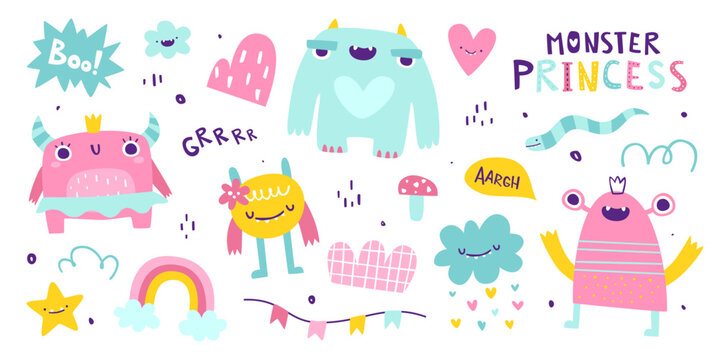 Set of cute monster girls. Vector collection of girly beasts for kids. Pink doodle monsters sticker bundle for baby girls.