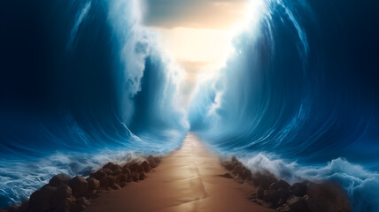 Ocean separate up to form canal. Bible miracle of Moses parting red sea for passage - obrazy, fototapety, plakaty