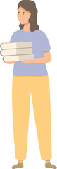 Woman holding stack of books icon cartoon vector. Organize home library. Housekeeping daily chores.