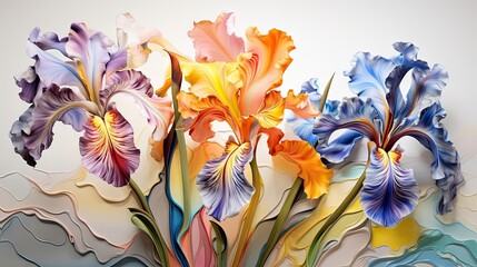  a close up of a painting of flowers on a white background with blue, orange, and pink flowers in the middle of the image and a white background