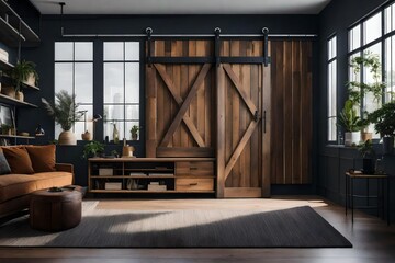 an industrial-style living room with a sliding barn door for a unique entryway