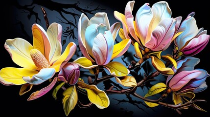  a close up of a bunch of flowers on a branch with leaves on a black background with a reflection of a tree in the middle of the picture and a black background.  generative ai