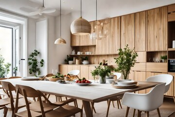 a Scandinavian dining room with a built-in buffet or sideboard