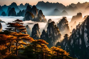 Fotobehang Huangshan The enchanting beauty of the Huangshan mountains unfolds at sunrise, with the first light painting the landscape in warm hues.  generative ai technology