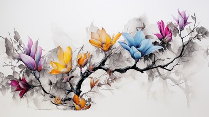  a painting of a branch with flowers and leaves painted on the side of the branch is white and has a gray background and a black branch with yellow and purple leaves.  generative ai