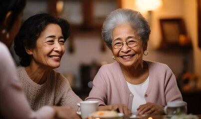 Best Friends Forever: Ethnic Senior Women Chatting over Coffee - obrazy, fototapety, plakaty