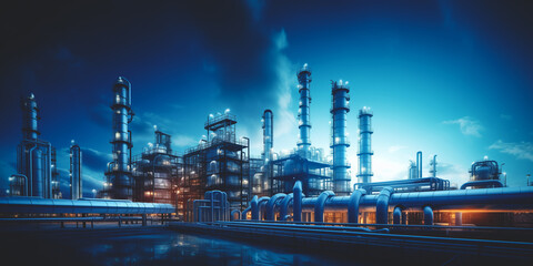 Obraz premium Industrial pipeline, oil and gas factory, blue color with sun ligh. Industry energy banner.