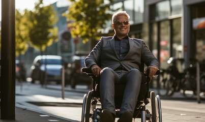 Fototapeta na wymiar Candid Moment of Businessman in Wheelchair Rolling to Office