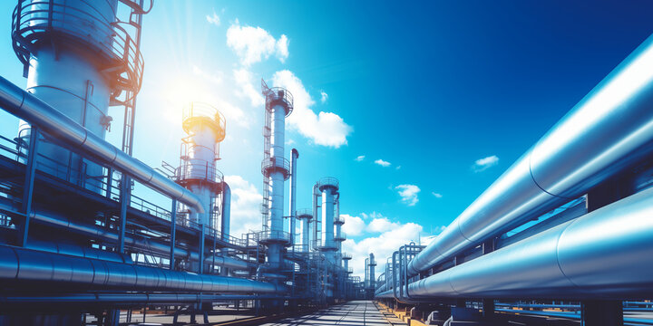 Industrial pipeline, oil and gas factory, blue color with sun ligh. Industry energy banner.
