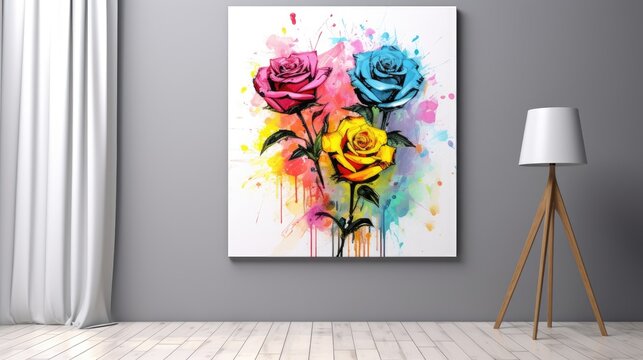  a painting on the wall of a room with a lamp next to it and a painting of three roses on the wall of a room with a lamp next to it.  generative ai