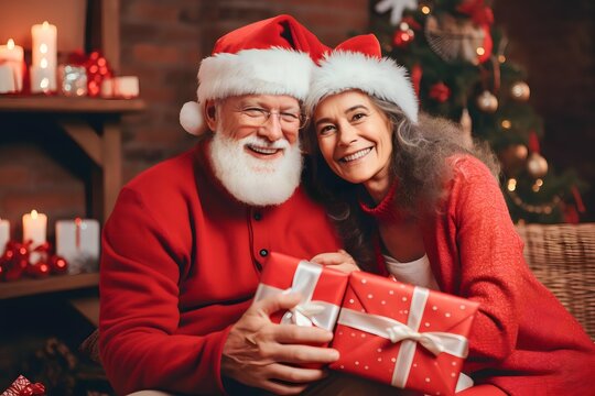 Portrait of old senior Caucasian couple holding wrapped gift presents wear red warm sweaters on christmas eve