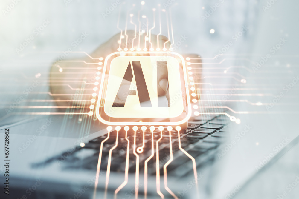 Poster creative artificial intelligence symbol concept with hands typing on laptop on background. multiexpo