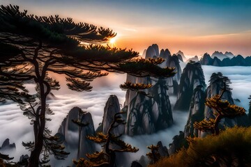 The enchanting beauty of the Huangshan mountains unfolds at sunrise, with the first light painting the landscape in warm hues.  generative ai technology