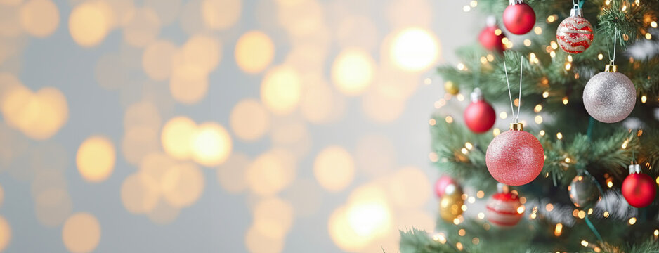 Decorated Christmas tree on a blurred background with a bokeh effect.