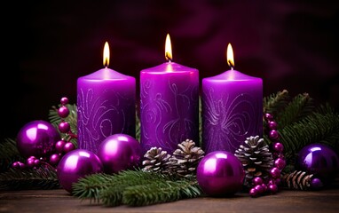 Obraz na płótnie Canvas Four Purple Candles With Mystery Lights