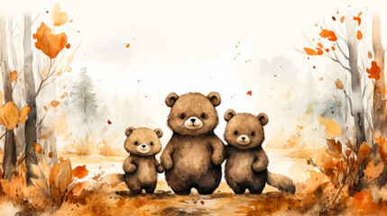 Cute Bear Amidst Autumn Leaves: Whimsical Illustration on White Background - obrazy, fototapety, plakaty