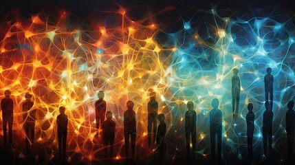  a group of people standing next to each other in front of a multicolored image of a group of people standing next to each other in front of a group.  generative ai