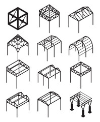 Metal structures engineering framework roof pillars for storage and hiding line art icon set vector
