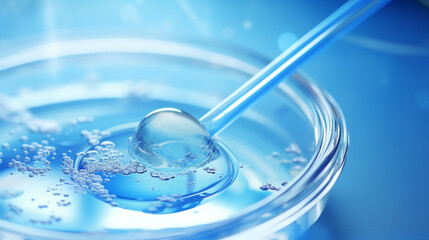 petri dish and pipette on blue background, scientific experiment in microbiology lab