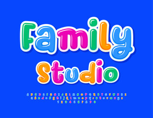 Vector activity emblem Family Studio with colorful Alphabet Letters and Numbers set. Handwritten cute Font