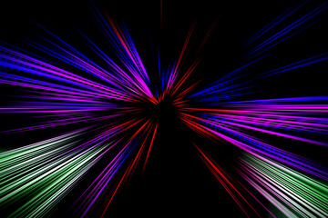 Abstract surface of blur radial zoom in lilac, red and green tones on black background. Colorful  spectacular background with radial, diverging, converging lines.