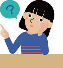 机の前で疑問に思っている長袖の服を着た黒髪の日本人女性