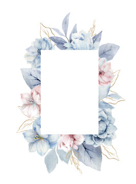 Watercolor vector dusty blue flower frame, delicate clipart with the image of winter flowers. Perfect for wedding invitation, date saving, printable. Hand painted illustration.
