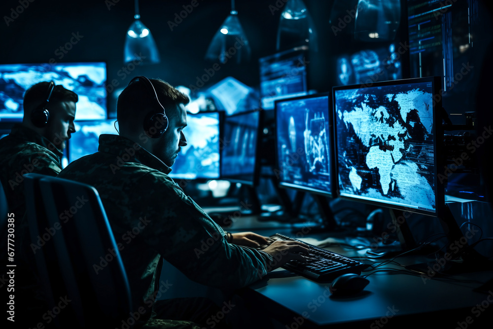 Wall mural military operator surveillance use computer for control security drone or air strike to in city. con