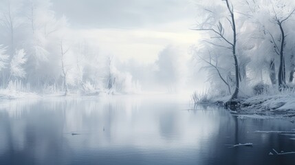 Fototapeta na wymiar pond season white foggy frozen illustration snow beautiful, frost scenic, wood blue pond season white foggy frozen