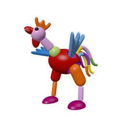 colorful funny wood toy, 3d rendered illustration of a rooster