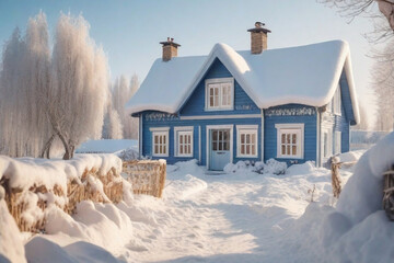 house in the snow, winter cottage house, magic cozy winter, village, at the country, ai generated,...