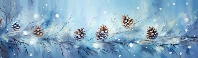  a painting of a winter scene with pine cones on a branch and snow falling on the ground and on the ground.