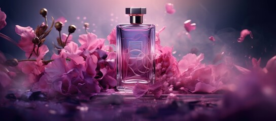  a bottle of perfume sitting on top of a table with pink flowers in the middle of the bottle and petals around it. - obrazy, fototapety, plakaty