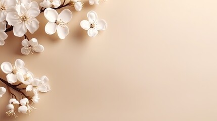 Naklejka na ściany i meble a branch of a tree with white flowers on a beige background with a place for a text or a picture of a branch of a tree with white flowers on a brown background. generative ai