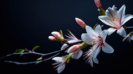  a close up of a flower on a tree branch with a dark back ground in the back ground is a dark back ground with a black back ground and a black back ground with a.  generative ai