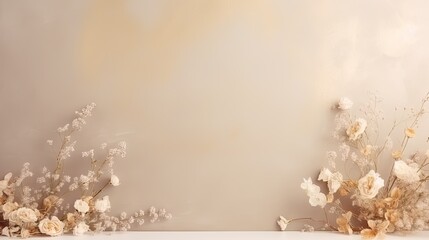  a white shelf with a bunch of flowers on top of it next to a wall with a light colored background and a white vase with flowers on top of the shelf.  generative ai