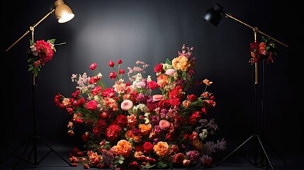  a bunch of flowers sitting on top of a black table next to a light on a tripod with a lamp on top of it and a black wall in the background.  generative ai