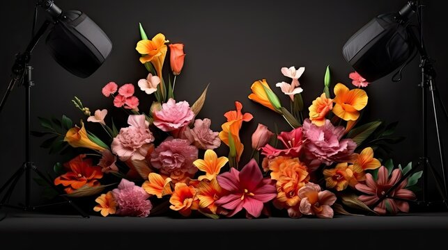  a bunch of flowers that are sitting in front of a black background with a light on the side of the picture and a black light on the other side of the picture.  generative ai