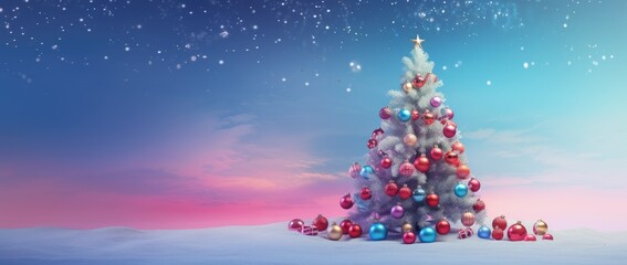 a christmas tree in the middle of a snowy landscape with a pink and blue sky and stars in the background.