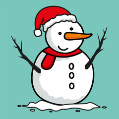 hand drawn snowman with santa claus hat illustration