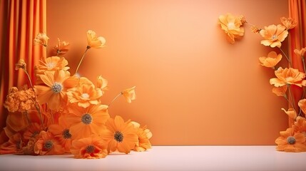 Naklejka na ściany i meble an orange background with a bunch of flowers in front of a curtain with a place for a text on the left side of the image, and an orange background with a bunch of flowers on the right. generative ai