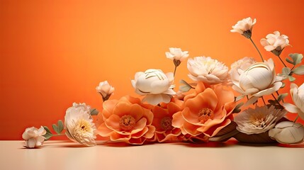  a close up of a bunch of flowers on a table with an orange background with a white and orange flower arrangement in the middle of the middle of the picture.  generative ai