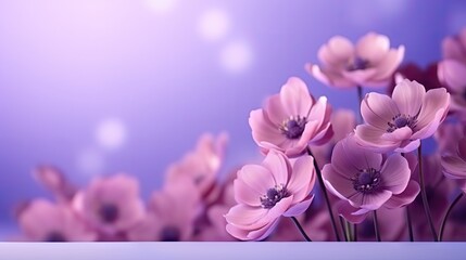  a bunch of pink flowers sitting on top of a blue counter top in front of a purple and blue background with a blurry light in the middle of the middle of the picture.  generative ai