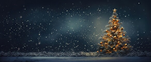  a christmas tree is lit up in the dark with snow falling on the ground and a star on top of it.