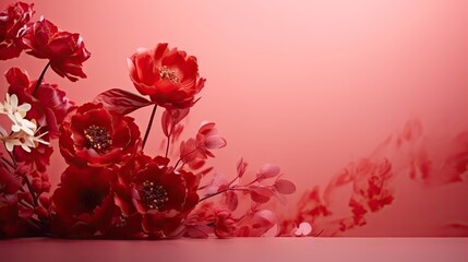  a bunch of red flowers sitting on top of a pink table next to a white vase with red flowers on the side of the table and a pink wall in the background.  generative ai