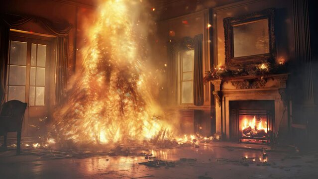 burning christmas tree in a living room