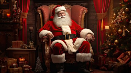 Fototapeta na wymiar a man dressed as santa claus sitting in a chair in front of a christmas tree with presents on the floor and a christmas tree in the corner of the room. generative ai
